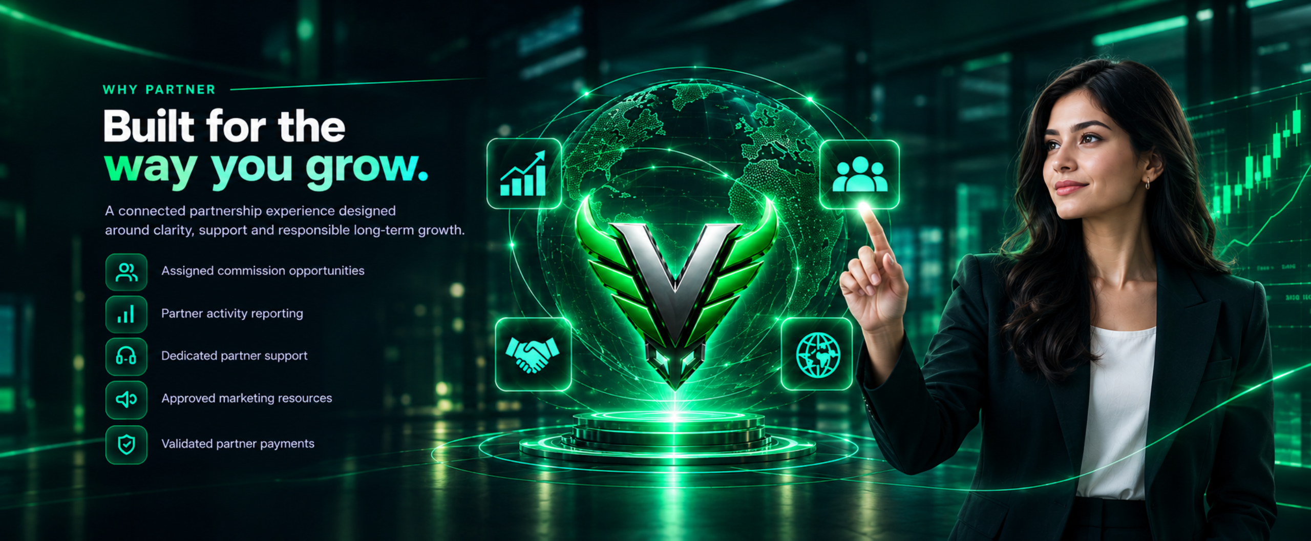 Why partner: Built for the way you grow. Assigned commission opportunities, partner activity reporting, dedicated partner support, approved marketing resources, and validated partner payments.